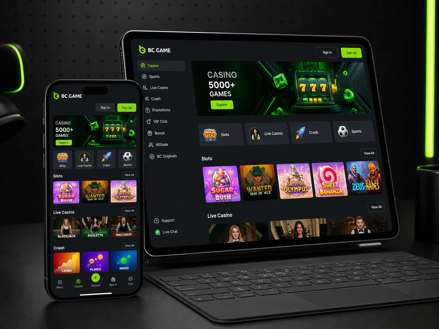 BC.Game mobile casino displayed on a smartphone and tablet with slots and live casino categories