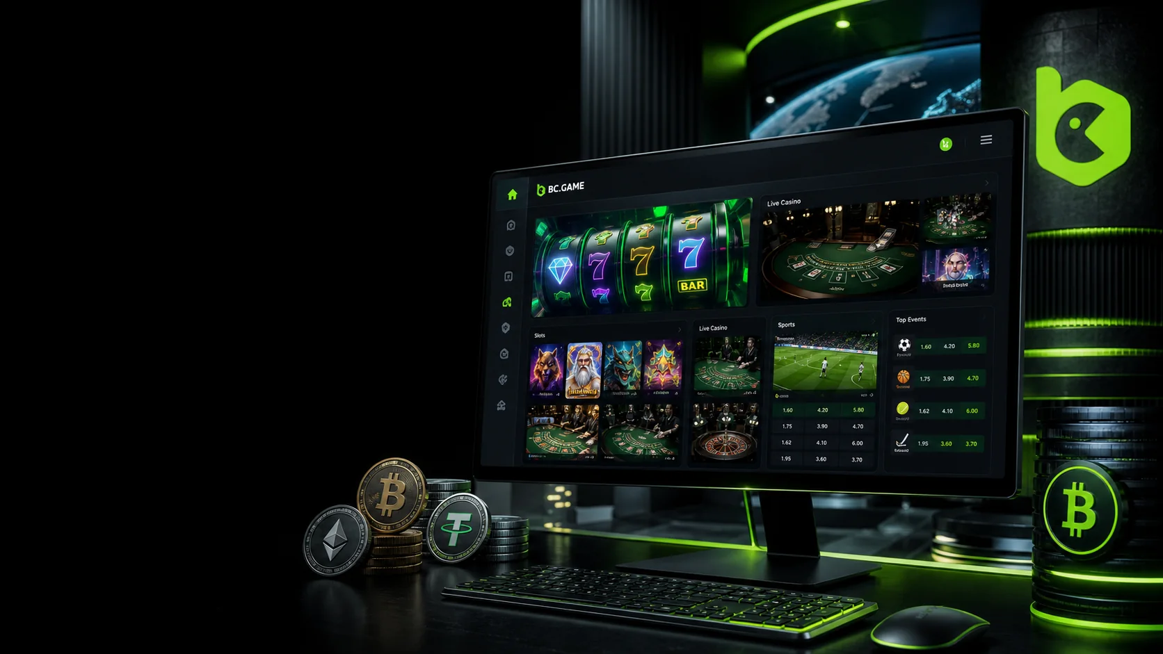BC.Game casino platform displayed on a desktop screen with slots, live casino and sports sections